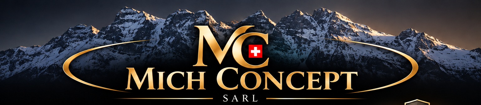 Mich Concept Sàrl — logo or et croix suisse devant un panorama alpin